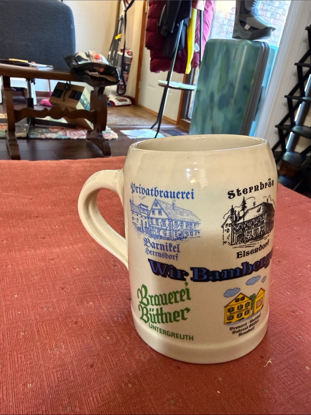 Ceramic Beer Stein - White with Blue & Green Accents